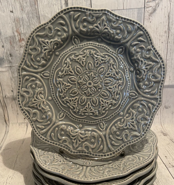 Juego de 6 platos de ensalada de gres en relieve gris festoneado Pier 1 Chateau Claro gris festoneado