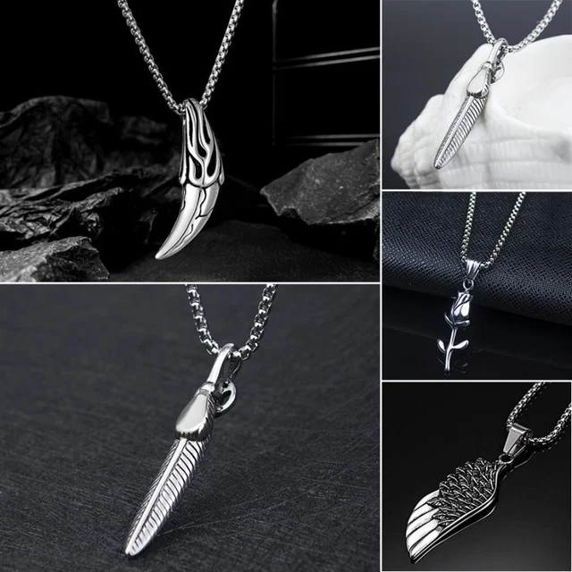 Stainless Steel Feather Wing Box Chain Men Metal Pendant Necklace Jewelry Gift