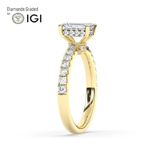 IGI, Emerald Cut Lab-Grown Diamond Hidden Halo Engagement Ring ,18K Yellow  Gold