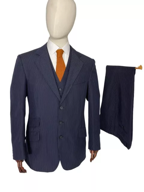 Bespoke 3 Piece Suit 80’s Navy 40R / 38 x 32" Ticket Type Pinstripe