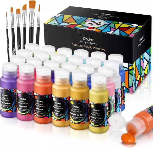 Outdoor Acrylic Paint Waterproof, Set of 24 Colors: 20 Basic Color and 4 Metalli