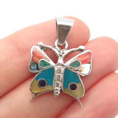 950 Silver Vintage Real MOP Abalone Shell Turquoise & Coral Butterfly Pendant