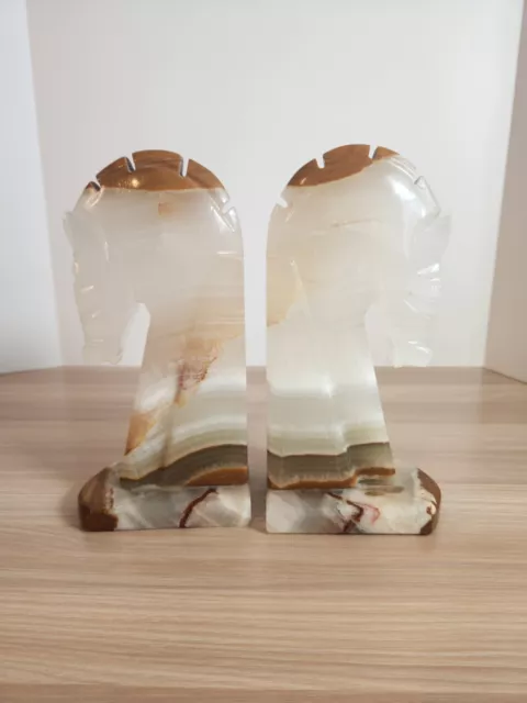 Vintage Trojan Horse Head Bookends Carved Onyx Rock Marble Stone Book Ends