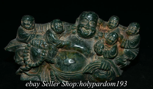 8" Old China Jade Carved Fengshui Happy Laugh Maitreya Buddha Tongzi Statue T