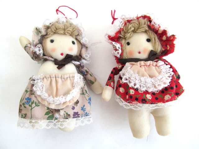 2 Vtg Russ Berrie Christmas Ornament Stuffed Rag Doll Little Girls Bonnets C2