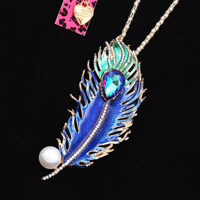 Betsey Johnson Enamel Crystal Peacock Feather Pendant Sweater Chain Necklace