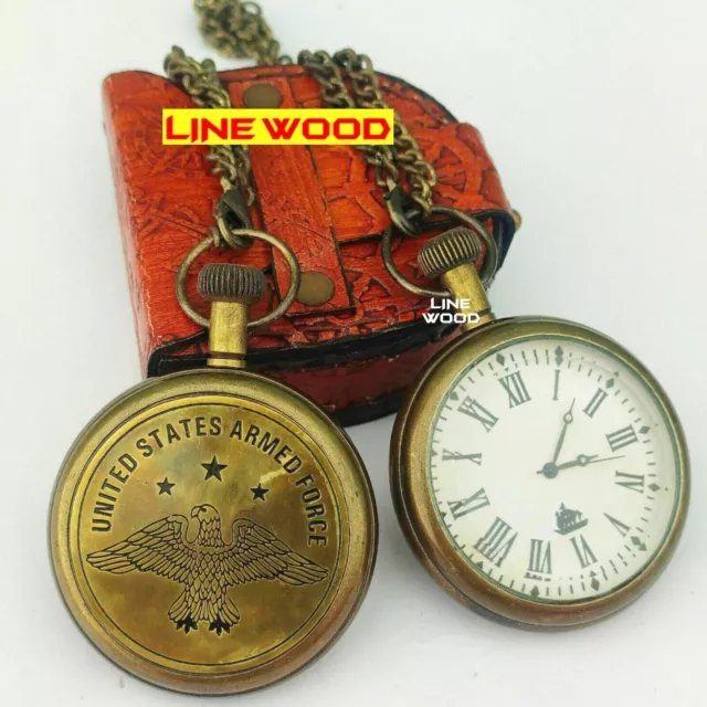 Personalized Handmade Antique Nautical Brass Pocket Watches Clock With Chain 2"