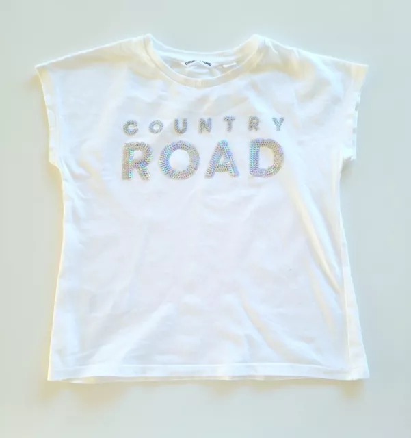 Country Road Girls White Short Sleeve Summer Cute T Shirt Top Sequin Logo Size 7