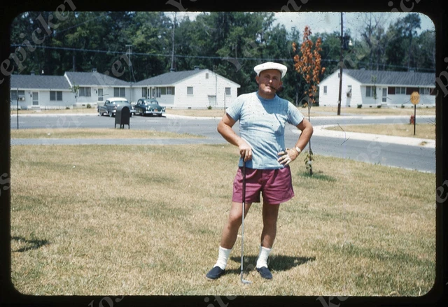 sl75 Original slide  1950's Red Kodachrome Military Base ? golfer w/ club 487a