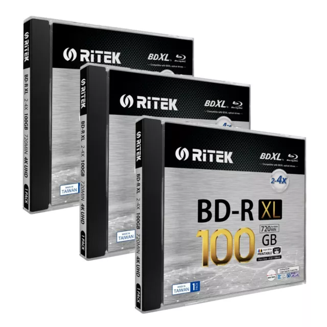 3 Ritek BD-R XL BDXL 4X 100GB Archival 3-Layer White Inkjet Printable Blank Disc