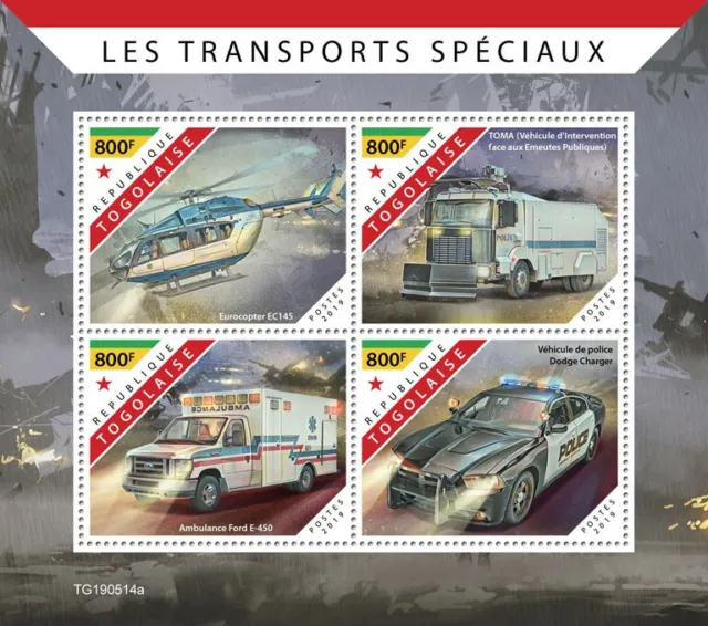 Togo 2019 MNH Special Transport Stamps Ambulances Police Cars Helicopters 4v M/S