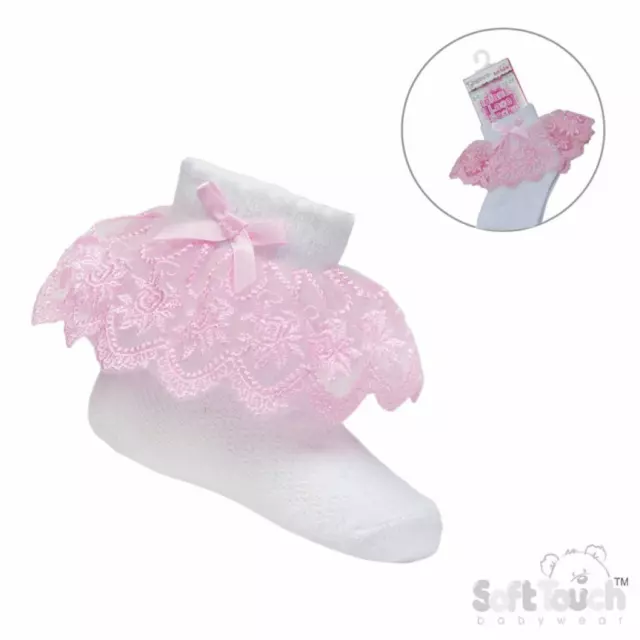 Baby Girls Frilly Lace Bow Ankle Socks Pink Soft Touch 0-24 Month