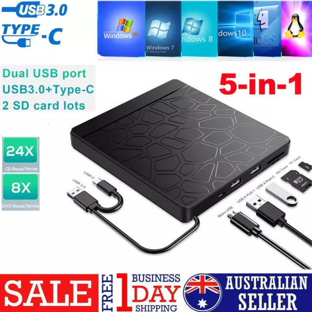 Slim External CD DVD RW Drive USB 3.0+Type-C Writer Burner Player For Laptop PC