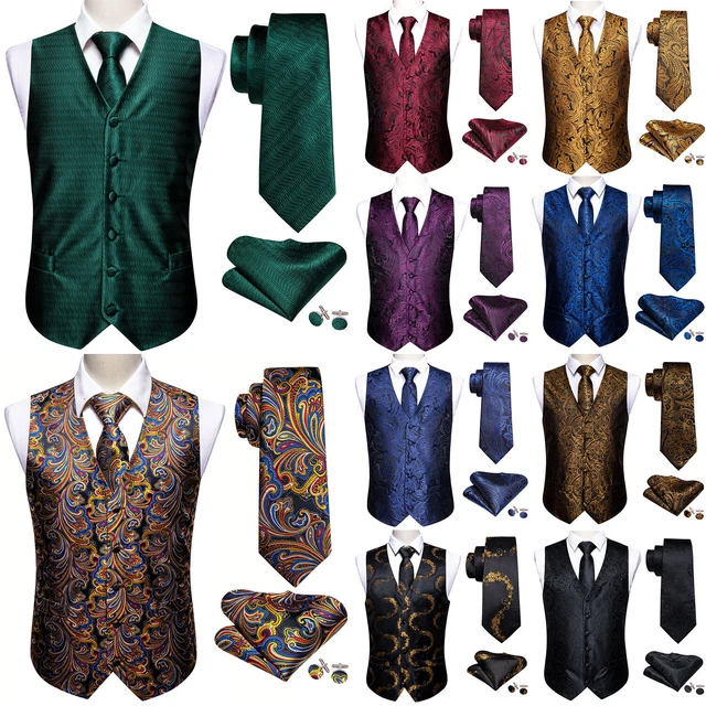 Mens Gold Blue Red Paisley Dress Vest Neck Tie Hankie Set Suit Tuxedo Waistcoat