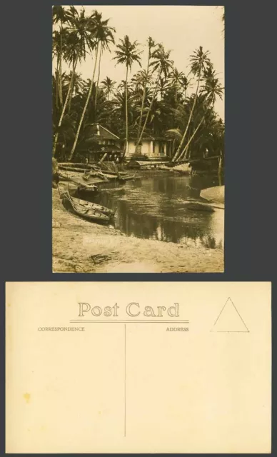 Singapore Old Real Photo Postcard Tanjong Katong, Palm Trees Boats Native Houses