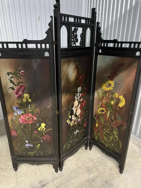 Victorian Three Panel Screen/Room Divider With Oil On Canvas Panels Ca. 1880S