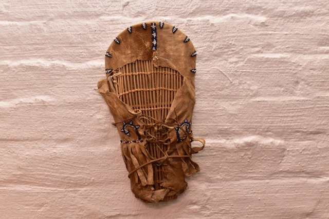 VTG Small Native American Paiute Leather Woven Cradleboard Beaded Doll Papoose