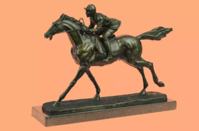 Horse Racing Fan Thoroughbred Horse Jockey Racetrack Bronze Statue Sculpture Art