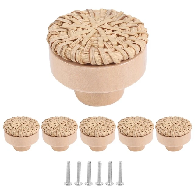 Perillas de cajón de madera redondas de ratán Boho perillas hechas a mano mimbre tejidas anD9K8