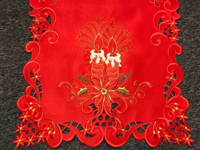 Red Christmas Embroidered Embroidery Poinsettia Candle Cutwork Placemat Runner 3