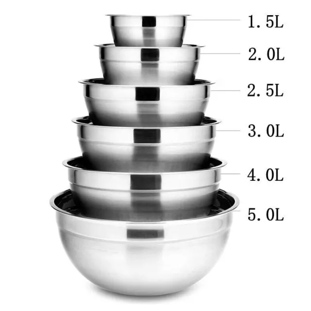 6Pcs Stainless Steel Bowls Set 1.5-5L Capacity Nesting Mixing Bowl Kitchen Bowls