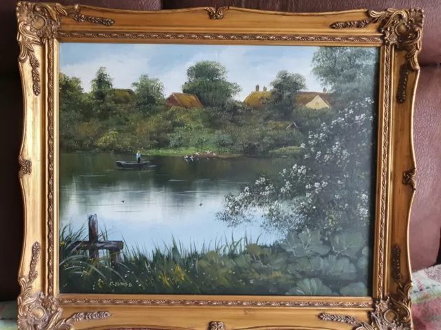 Original Oil On Canvas Painting By C. JUNGE Framed "Man on a punt" rare