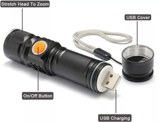 Torcia Tattica /Militare Led T6 Ricaricabili Usb Cree T6 Torcia Led+ Mini Zoom