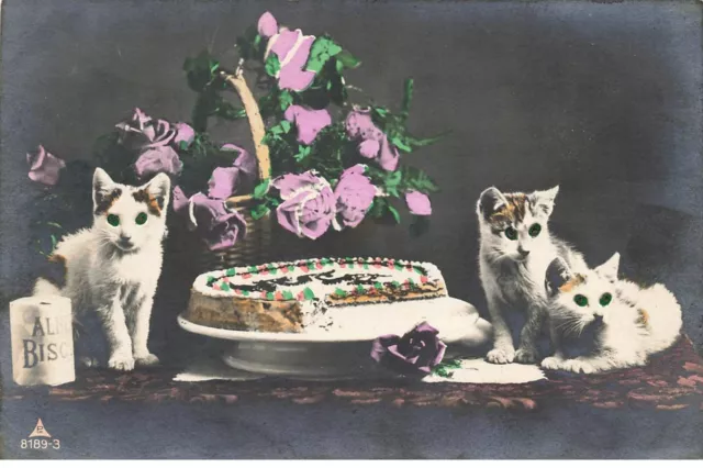 Gatos #MK46020 Trois Gatitos Pastel Flores Postal Sistema Ojos De Ajoutis