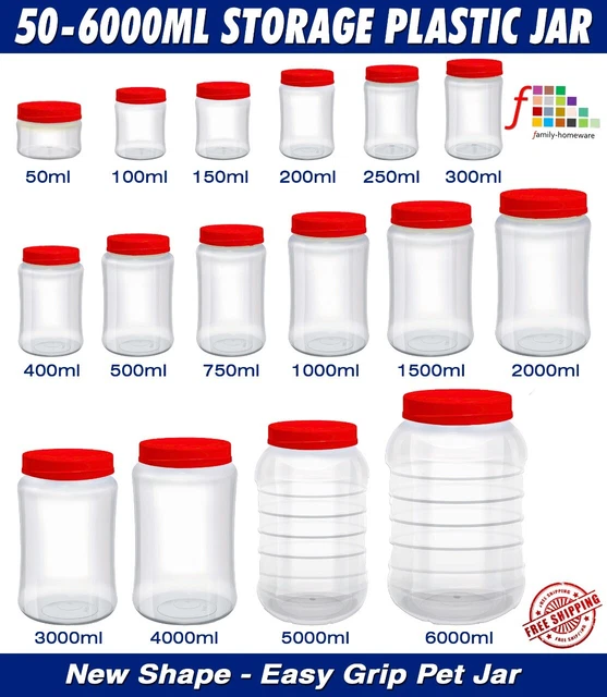 PLASTIC STORAGE JARS Screw Top Pet Jars Food Containers Various
