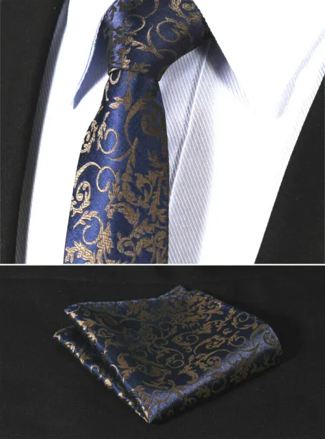 Cravatta sottile sottile blu navy oro marrone floreale seta regalo Hanky c16