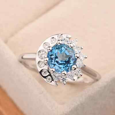 4ct Blue Topaz Gemstone Handmade Sun &Moon Design Wedding Ring Gift For her