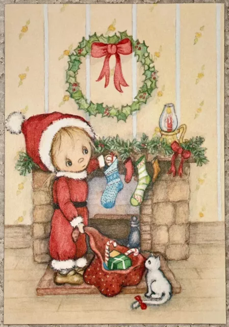 Unused Christmas Girl Cat Fireplace Betsey Clark Vintage Greeting Card 1984