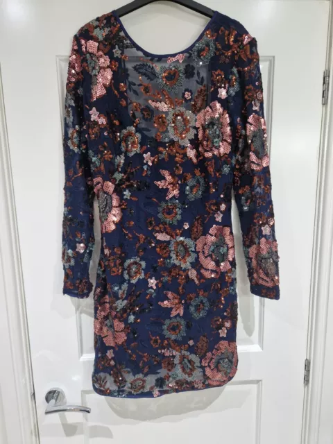 Anthropologie Navy Sequin Mini Dress Floral Size 12 UK US 8 Long Sleeve New