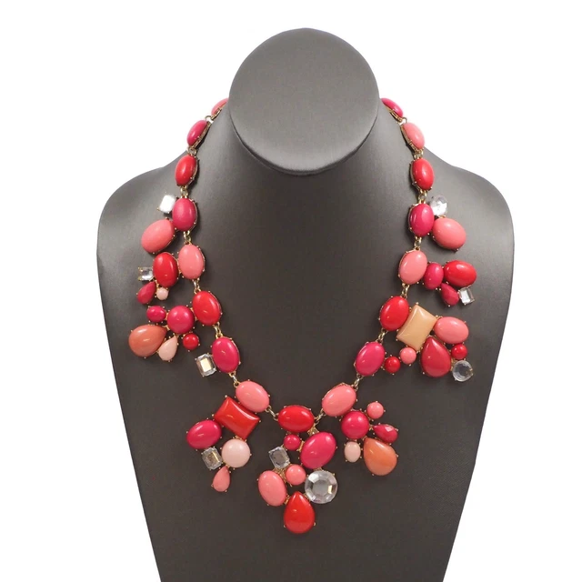 Charming Charlie Gold Tone Pink Cabochons Clear Rhinestone Necklace 16 Inch