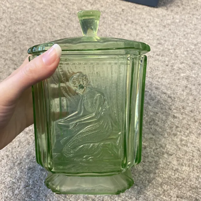 Sowerby glass art deco style pandora biscuit jar Green glass 1930s Vintage