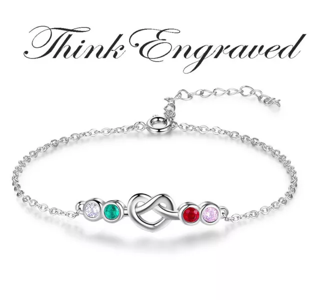 4 Birthstone Silver Heart Knot Mother's Bracelet - 4 Stone Mom Bracelet