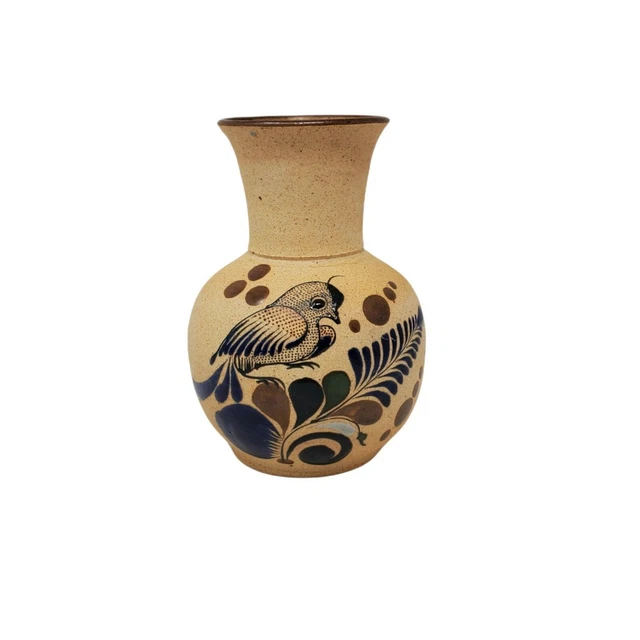 Vintage Mexican Tonala Folk Art Bird 5.5" Pottery Bud Vase