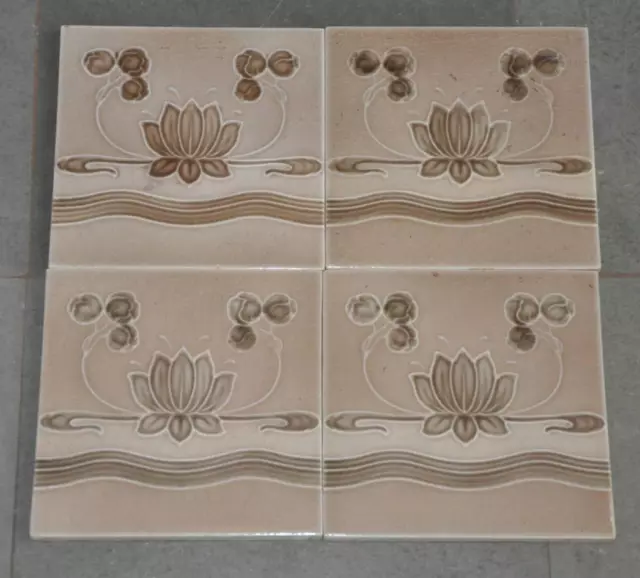 4 Pc Vintage Majolica Lotus Flower Embossed Decorative Ceramic Tiles , England