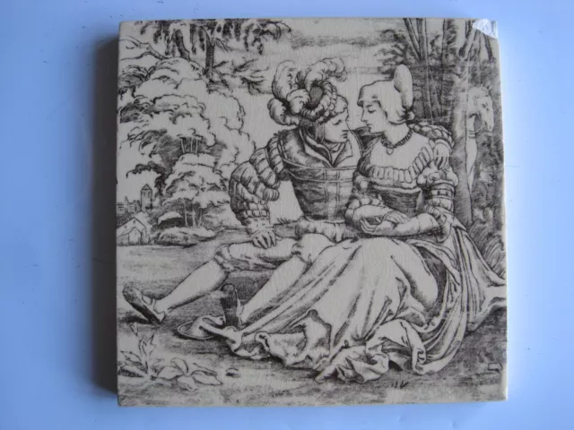 Antique Victorian 6" Sq. Mintons Albrecht Durer Tile - Courting Couple C1885