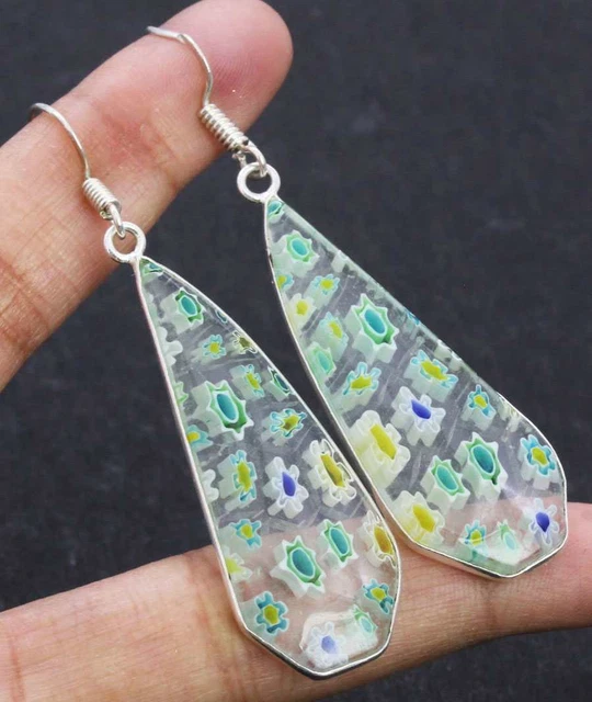 Dichroic Glass 925 Silver Plated Handmade Earrings of 2.2" Ethnic Gift