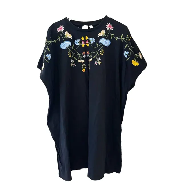 Asos Women Black Embroidered Blouse 8 Floral Short Sleeve Tunic Oversized Dress