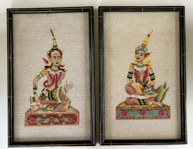 Mid Century Framed Needlepoint Thai Dancers 15"x24" Asian Wall Art Pair