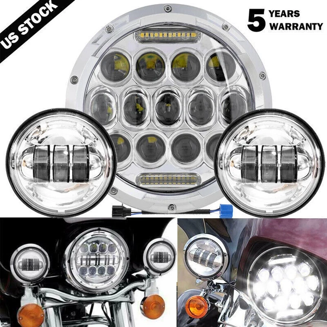 Round Chrome 7" LED Projector Headlight + 4.5" Passing Lamp For Harley Touring
