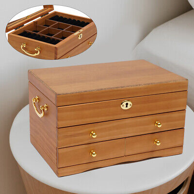 3-Layer Large Retro Wooden Jewelry Box W/ Safe Lock Storage Organizer Gift