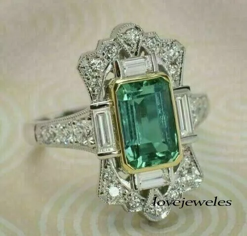VINTAGE ART DECO Style 3.50CT Genuine Green Emerald 925 Silver ...