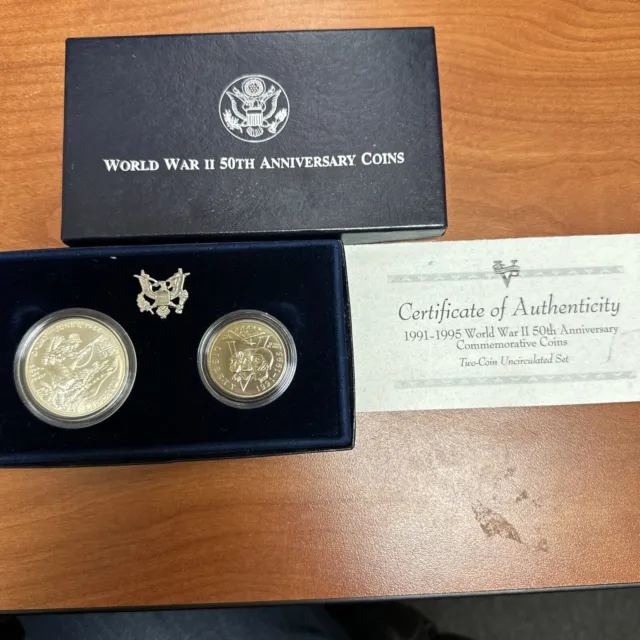 1991-1995 US Mint World War II 50th Anniversary Two Coin Set w/Box & COA