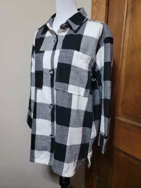 Serra Womens Black & White Plaid Flannel Button Down Shirt Shacket Size S