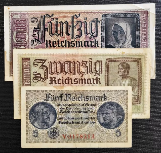 + Reichsbanknote + 50 + 20 + 5 + Mark + 1939 / 1940 + ORIGINAL 1