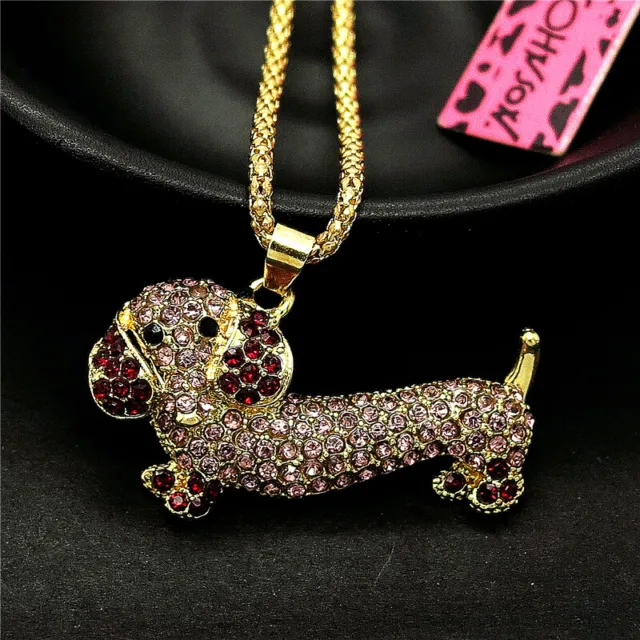 Betsey Johnson Rhinestone Crystal Cute Dachshund Dog Pendant Chain Necklace