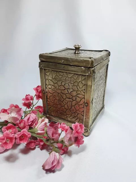 Antique Tea Caddy with Lid - Embossed Brass on Wood and Tin Lined 2